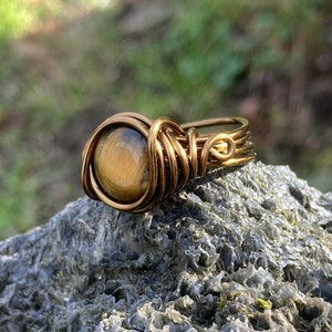 Tigers Eye Ring in Antique Brass Think Band with Swirl Real Gemstone Jewelry for Woman Custom Size Earthy Rings Unique Cats Eyes Earth Tone