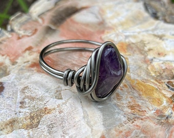 Amethyst Ring Size 7 in  Grey band Purple Jewelry, Gothic Crystal Rings