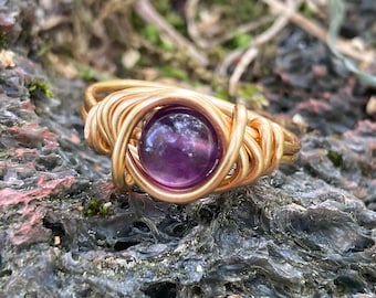 Gold Amethyst Ring Ethically Sourced Crystal Jewelry Faux Gold Wire Wrapped Rings