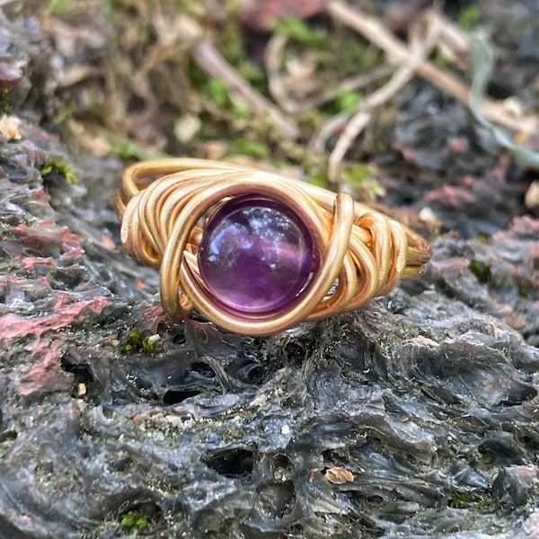 Gold Amethyst Ring Ethically Sourced Crystal Jewelry Faux Gold Wire Wrapped Rings for Pisces Scorpio and Sagittarius Brings Sweet Dreams
