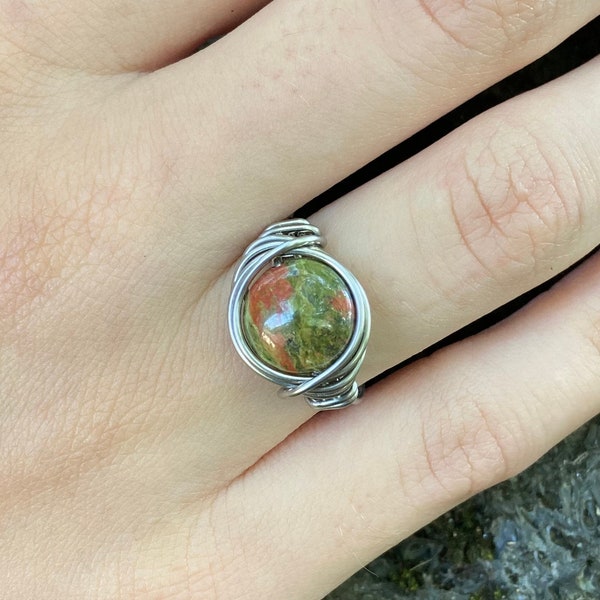 Stainless Steel Ring - Earthy Jewelry - Hypoallergenic Rings - unakite  Ring - Rustic Unisex