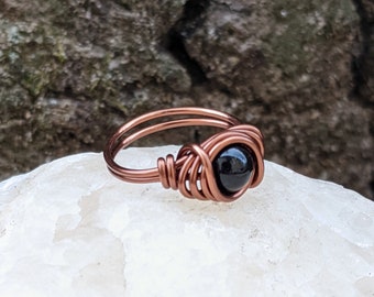 Black Onyx Ring - Boho Ring, Wire Wrapped Black Stone Gothic Jewelry for Women Teen Girls  Goth Rings Custom Size Rings 4-14 Including Half