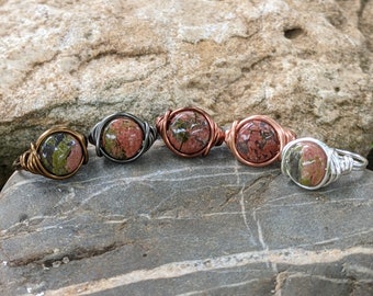 Earthy Boho Jewelry - Unakite Rings - Custom size and band color - Bohemian Style