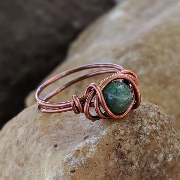 Green Jasper Ring with Wire Wrapped Antique Copper Band and 6mm Stone Custom Size Rings - Woman's  Boho Jewelry