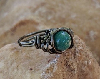 Jasper Ring with Gray Gunmetal Band and 6mm Green Stone - Custom Size Rings - Woman's Boho Jewelry