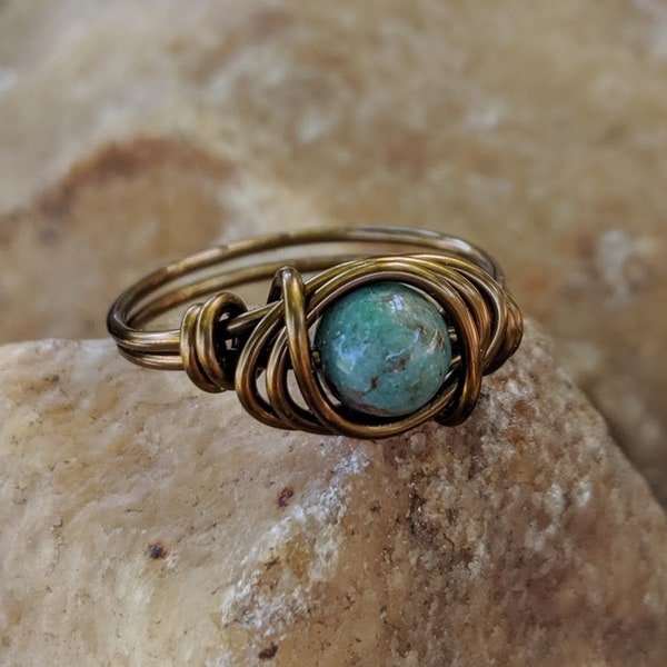 Jasper Ring with Antique Brass Band and 6mm Green Stone - Custom Size Rings - Woman's  Hippie Jewelry