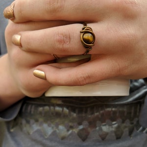 Tigers Eye Ring in Antique Brass - Real Gemstone - Earthy Jewelry for Woman by Distorted Earth
