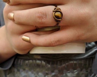 Tigers Eye Ring in Antique Brass - Real Gemstone - Earthy Jewelry for Woman by Distorted Earth