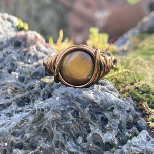 Tigers Eye Ring in Antique Brass Think Band with Swirl Real Gemstone Jewelry for Woman Custom Size Earthy Rings Unique Cats Eyes Earth Tone image 5