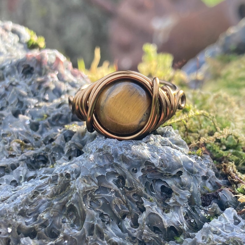 Tigers Eye Ring in Antique Brass Think Band with Swirl Real Gemstone Jewelry for Woman Custom Size Earthy Rings Unique Cats Eyes Earth Tone image 5