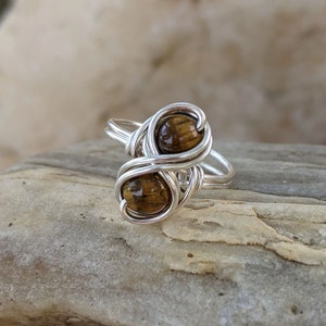 Tigers Eye Infinity Ring - Silver plated Band - Earthy Boho Jewelry for Woman by Distorted Earth