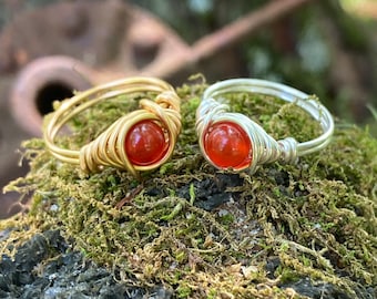 Carnelian Crystal Ring in Silver Plated or Faux Gold Wire Wrapped Red Boho Rings