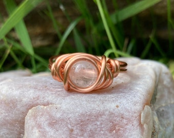 Rose Quartz Ring in Copper Wire Wrapped Crystal Jewelry For Taurus and Libra to promote Love, Gentleness and Fertility