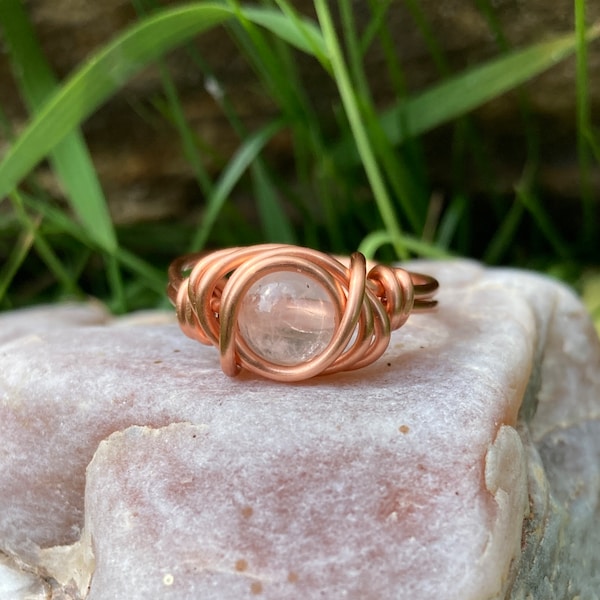 Rose Quartz Ring in Copper Wire Wrapped Crystal Jewelry For Taurus and Libra to promote Love, Gentleness and Fertility