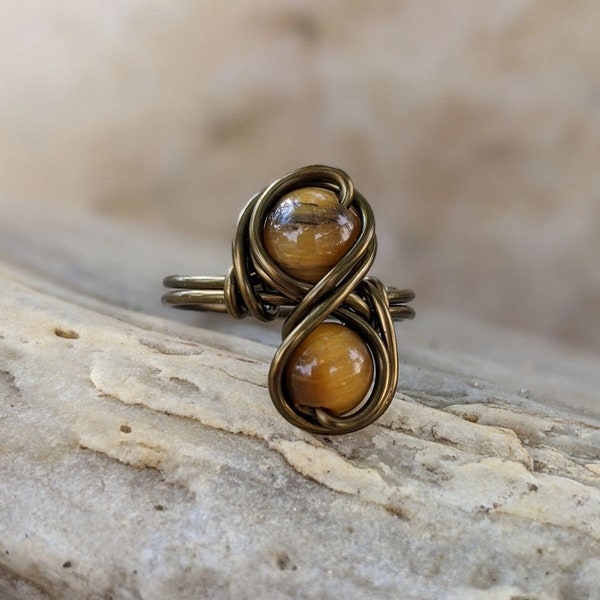 Tigers Eye Infinity Ring in Antique Brass - Earthy Jewelry for Woman by Distorted Earth - Boho