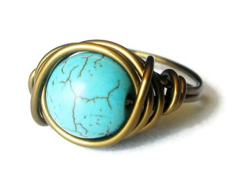 Turquoise Ring - Boho Jewelry , Bohemian Style Wire Wrapped Blue Gemstone Rings for Women