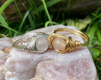 Rose Quartz Ring in Silver Plated or Faux Gold Wire Wrapped Crystals for Taurus and Libra Zodiac Signs to Promote Love Gentleness Fertility