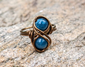 Blue Apatite Infinity Ring in Antique Brass for Gemini Crystal Zodiac Jewelry