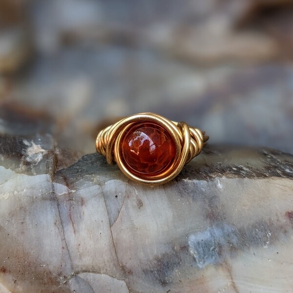 Gold Fire Agate Ring Crystal Jewelry Custom Size Boho Chic Rings for Women and Teens Wire Wrapped Red Stone Non Tarnish