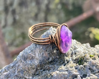 Unique Amethyst Ring Size 5 in Antique Brass, Purple Jewelry, Gothic Wire Wrapped Ring, OOAK