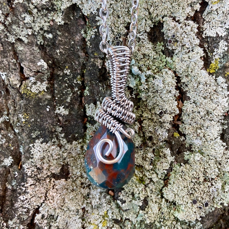 Jasper Teardrop Pendant Faceted Stone Wire Wrapped 18in Stainless Steel Chain Earthy Boho Jewelry Crystal Necklace Red Green Christmas image 6