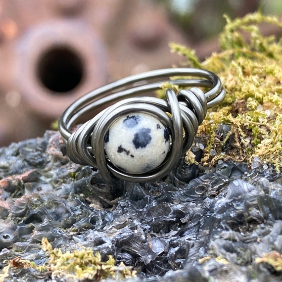 Dalmatian Jasper Ring 6mm Stone Cow Print Jewelry Wire Wrapped