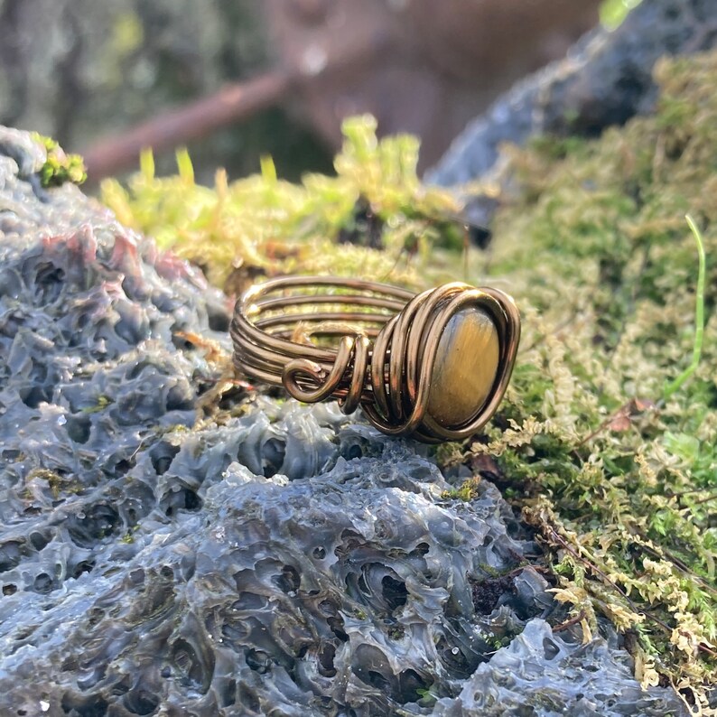 Tigers Eye Ring in Antique Brass Think Band with Swirl Real Gemstone Jewelry for Woman Custom Size Earthy Rings Unique Cats Eyes Earth Tone image 8