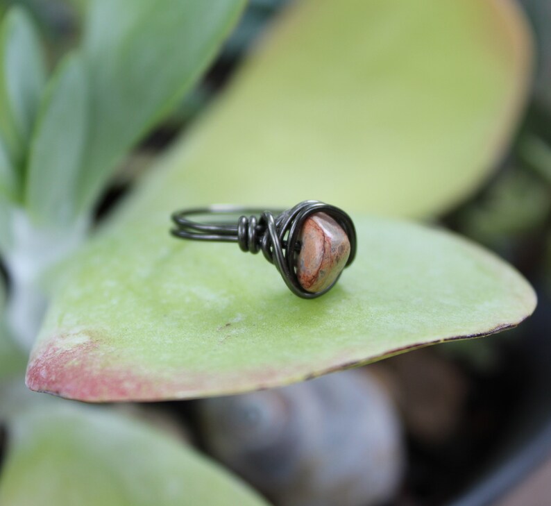 Wire Wrapped Rustic Jewelry Unique Raw Stone Ring Earth Tone Jewelry Gunmetal Gray Ring Size 7 Boho OOAK I love Grasshoppers