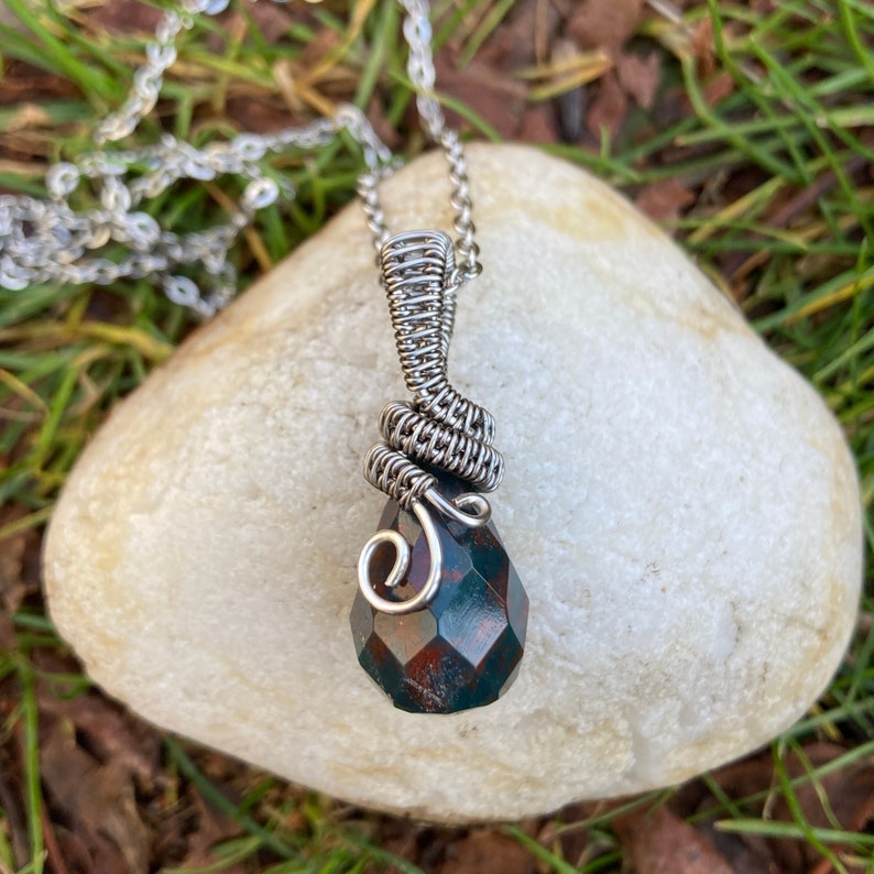 Jasper Teardrop Pendant Faceted Stone Wire Wrapped 18in Stainless Steel Chain Earthy Boho Jewelry Crystal Necklace Red Green Christmas image 1