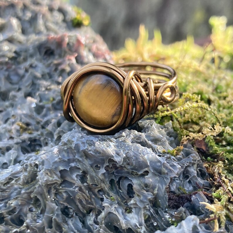 Tigers Eye Ring in Antique Brass Think Band with Swirl Real Gemstone Jewelry for Woman Custom Size Earthy Rings Unique Cats Eyes Earth Tone image 6