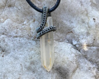Quartz Crystal Point Necklace  Pendant Wire Wrapped in Grey Adjustable Waxed Cotton Cord