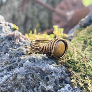 Tigers Eye Ring in Antique Brass Think Band with Swirl Real Gemstone Jewelry for Woman Custom Size Earthy Rings Unique Cats Eyes Earth Tone image 9