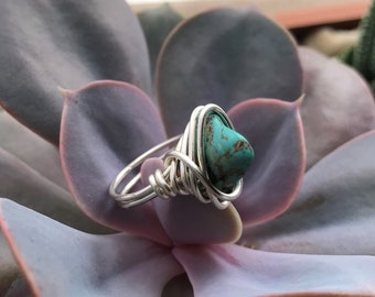 Boho Turquoise Ring Size 4 Bohemian Wire Jewelry, OOAK Silver Rings