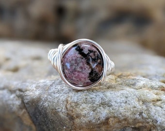 Rhodonite Ring in Silver - Earthy Jewelry by Distorted Earth - Bohemian Style