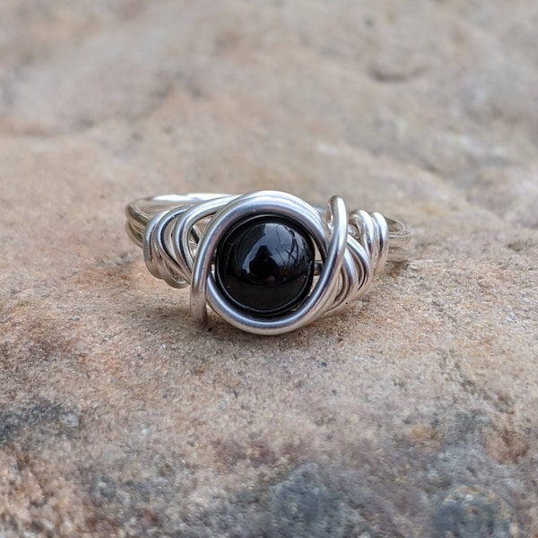 Silver and Black onyx Ring, Wire Wrapped Jewelry Custom Size Rings for Women