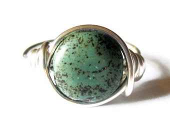 Boho Jewelry -  Green Turquoise Ring, Wire Wrapped Silver Ring - Bohemian Rings - Dyed Magnesite Stone