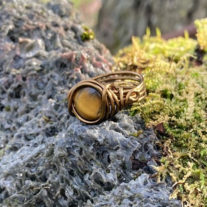 Tigers Eye Ring in Antique Brass Think Band with Swirl Real Gemstone Jewelry for Woman Custom Size Earthy Rings Unique Cats Eyes Earth Tone image 7