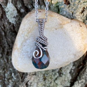 Jasper Teardrop Pendant Faceted Stone Wire Wrapped 18in Stainless Steel Chain Earthy Boho Jewelry Crystal Necklace Red Green Christmas image 2