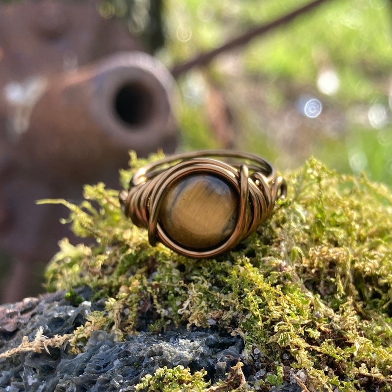 Tigers Eye Ring in Antique Brass Think Band with Swirl Real Gemstone Jewelry for Woman Custom Size Earthy Rings Unique Cats Eyes Earth Tone image 3