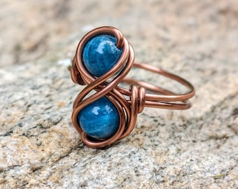 Blue Apatite Infinity Ring in Antique Copper for Gemini Crystal Zodiac Jewelry