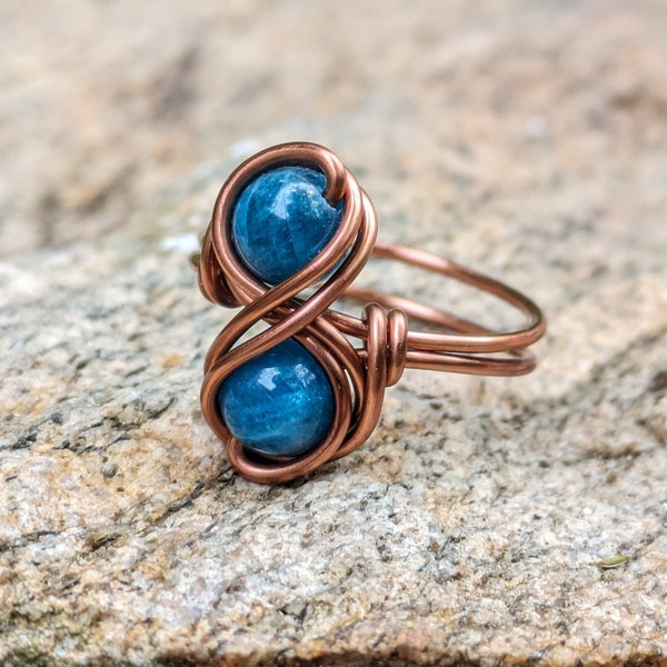Blue Apatite Infinity Ring in Antique Copper for Gemini Crystal Zodiac Jewelry