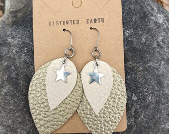 Beach Jewelry - Gold Leaf Earrings With Star - Hypoallergenic Surgical Steel - Beachy Earrings