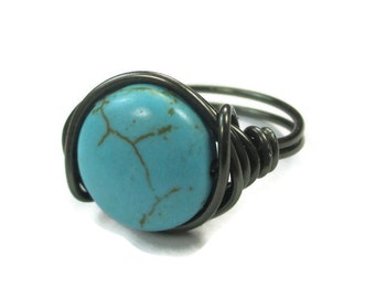 Boho Jewelry - Turquoise Ring, Wire Wrapped Gunmetal Rings for women