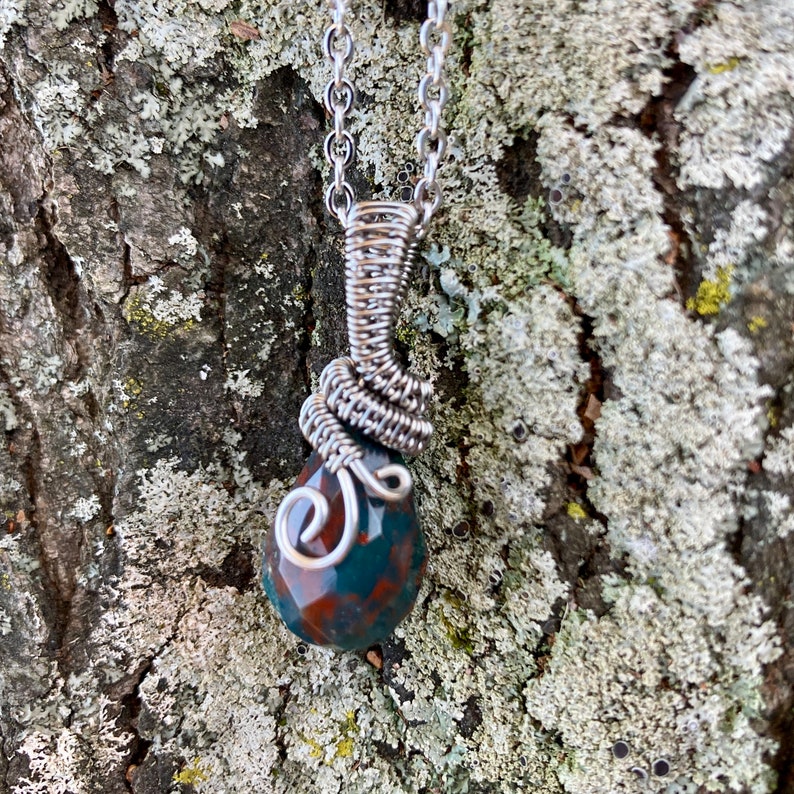 Jasper Teardrop Pendant Faceted Stone Wire Wrapped 18in Stainless Steel Chain Earthy Boho Jewelry Crystal Necklace Red Green Christmas image 4