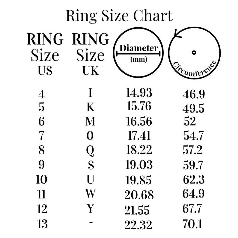May include: Ring size chart showing US and UK ring sizes, corresponding ring diameter in millimeters, and ring circumference in millimeters.