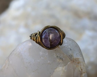 Amethyst Ring with Antique Brass Band - Purple Jewelry - Custom Size Gothic Victorian Rings for Women