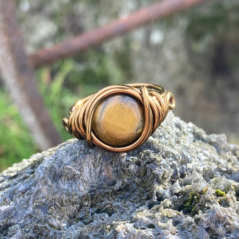 Tigers Eye Ring in Antique Brass Think Band with Swirl Real Gemstone Jewelry for Woman Custom Size Earthy Rings Unique Cats Eyes Earth Tone image 2