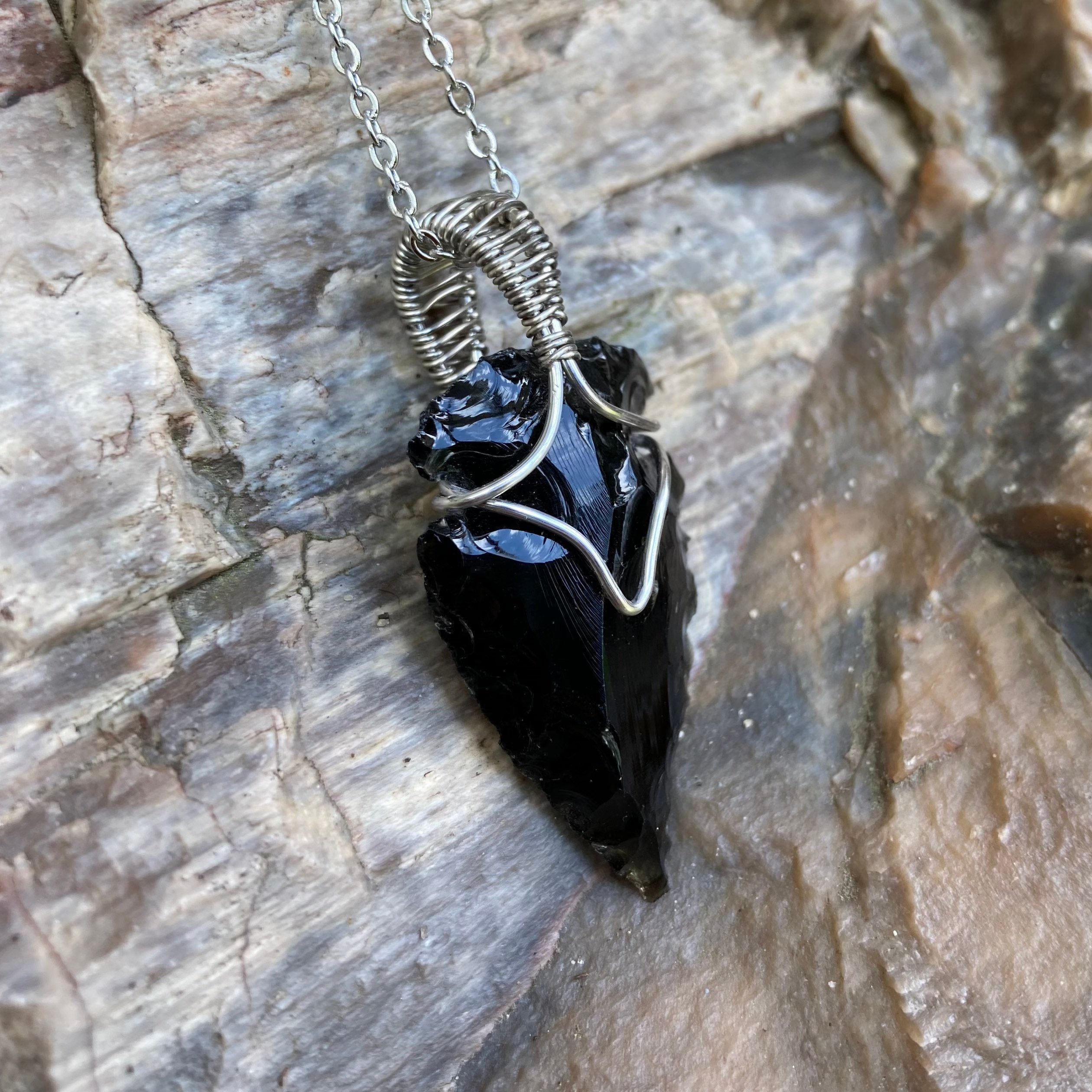 Black Obsidian Arrowhead Pendant Stainless Steel Chain Apache