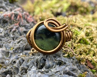 Green Agate Ring Size 5 Antique Brass Band OOAK Earthy Boho Jewelry Statement Rings by Distorted Earth