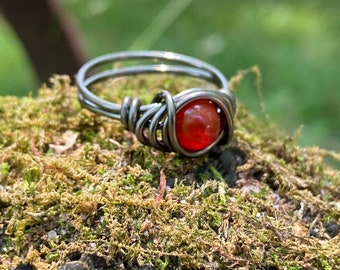 Carnelian Crystal Ring in Gunmetal Grey Gothic Jewelry Red